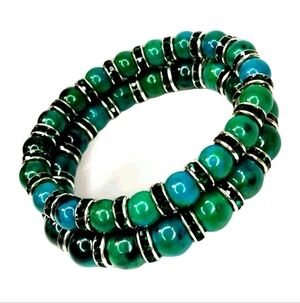 Matching Stackable Set: Blue Green Azurite Chrysocolla Beaded Stretch Bracelets